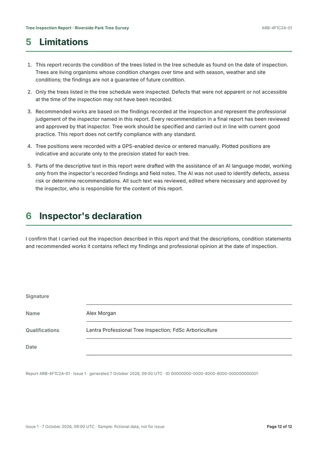 Limitations, including a statement that AI-assisted descriptive text was reviewed and approved by the inspector, followed by the inspector's declaration with signature, name, qualifications and date lines.