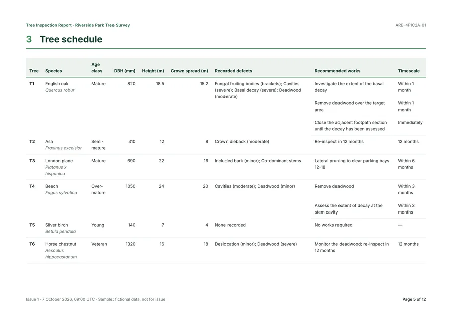 Tree schedule table listing each of the six trees with species, age class, DBH, height, crown spread, recorded defects, recommended works and timescale.